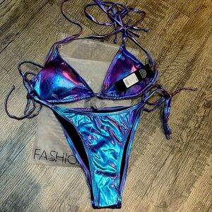Fashion nova, Rihanna metallic triangle two-piece bikini, blue